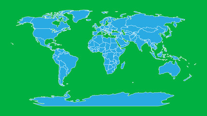 World map on green background. World map template with continents, North and South America, Europe and Asia, Africa and Australia