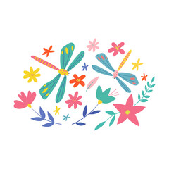 Cute illustration with dragonflies and flowers. Vector illustration isolated on a white background. Design element for t-shirts, bags, posters, postcards.