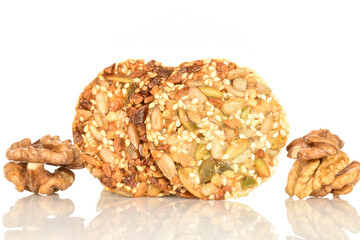 Several fresh fragrant tasty nutty cookies on a white background.