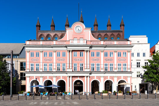 ROSTOCK, GERMANY - JUNE 14, 2020: Rostock City Hall, a mixture of Baroque and Brick Gothic architecture