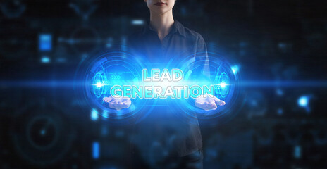 Business, Technology, Internet and network concept. Young businessman working on a virtual screen of the future and sees the inscription: Lead generation