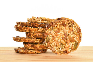 Several fresh fragrant tasty nutty cookies on a white background.