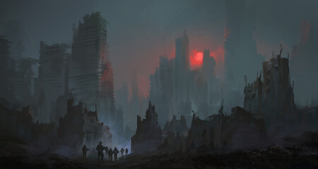 A team of soldiers walk in the city after the nuclear war, digital painting. © liuzishan