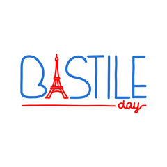 Vector illustration on the theme of Bastille Day on July 14. Decorated with a handwritten inscription and outline Eiffel Tower.