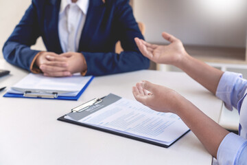 candidate Business women explaining about her profile and answer to Human resources manager Job Interview and hiring concept   
