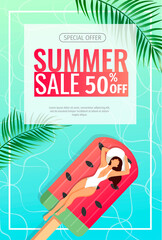 Summer sale flyer with summer swimming woman, tropical leaves, beachball. A4 vector illustration for special offer, flyer, advertising, commercial, banner.