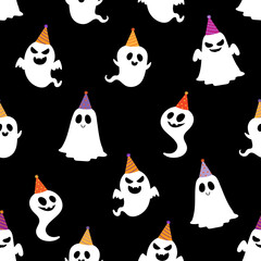 Cute and scary ghost wear party hat seamless pattern. Halloween holidays cartoon character background. -Vector