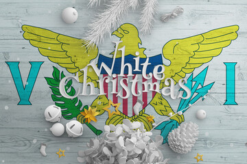United States Virgin Islands flag on wooden table with White Christmas text. Christmas and new year background, celebration national concept with white decor.