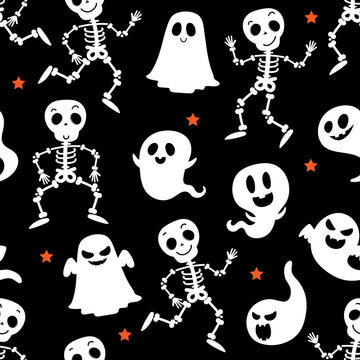 Cute skeleton and scary ghost seamless pattern. Halloween holidays cartoon character background. -Vector