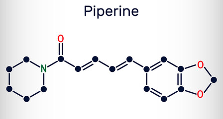 Piperine, C17H19NO3 molecule. It is alkaloid isolated from the plant Piper nigrum. It has role as plant metabolite, food component, human blood serum metabolite. Skeletal chemical formula