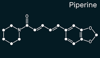 Piperine, C17H19NO3 molecule. It is alkaloid isolated from the plant Piper nigrum. It has role as plant metabolite, food component, human blood serum metabolite. Dark blue background