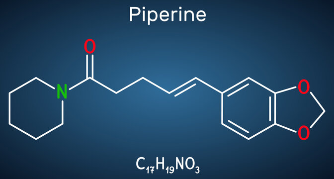 Piperine, C17H19NO3 molecule. It is alkaloid isolated from the plant Piper nigrum. It has role as plant metabolite, food component, human blood serum metabolite. Dark blue background