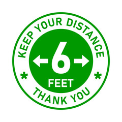 Keep Your Distance 6 Feet Thank You Round Social Distancing Warning Sticker Icon. Vector Image.