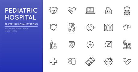 Outline icons set. Pediatric hospital clinic and medical care. Editable stroke. Vector.