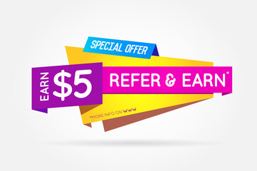 Refer a friend colorful banner or poster. Referral Campaign. Refer and Earn Money. Affiliate Program. Vector.