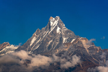 Fishtail peak or Machapuchare mountain with clear blue sky background at Nepal.