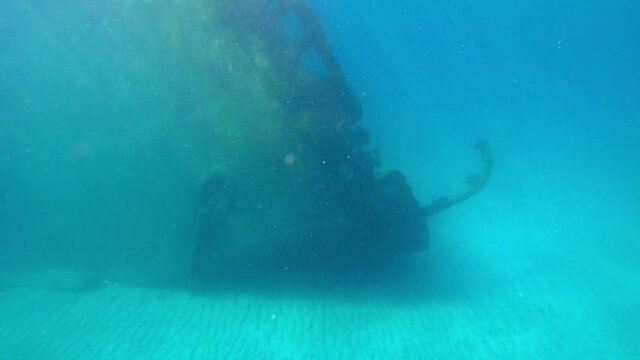 Telamon wreckship underwater in blue ocean near Arrecife, Lanzarote