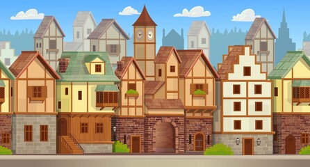 Seamless pattern of medieval town. Old city street with chalet style houses. Vector illustration in cartoon style.
