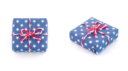 Blue gift box with star pattern on white background for Christmas or 4th of July American Independence Day