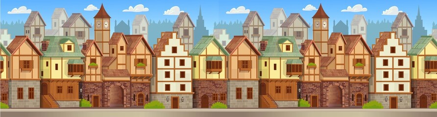 Seamless pattern of medieval town. Old city street with chalet style houses. Vector illustration in cartoon style.