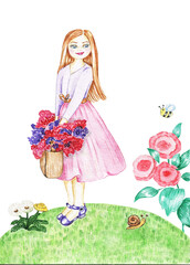 Cute girl with flowers,watercolor illustration