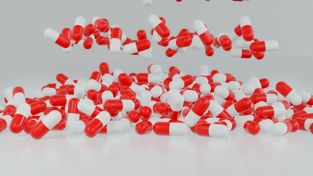 Side view of many capsule pills (red and white capsule) drop from the top in different position. Drugs for treatment medication. Anti covid. 3D rendering