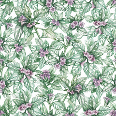 Seamless floral pattern with lilac flowers and emerald leaves on a white background. Print for fabric, wallpaper or wrapping paper. Watercolor illustration.