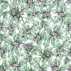 Selbstklebende Fototapeten Seamless floral pattern with lilac flowers and emerald leaves on a white background. Print for fabric, wallpaper or wrapping paper. Watercolor illustration. © Maria Fyodorova