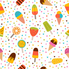 Ice cream seamless pattern. Cute colorful summer background. Delicious cartoon treats