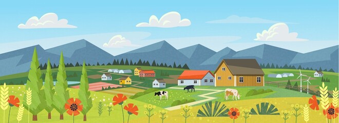 Farm panorama with fields, flowers, grass and cows. Summer green landscape with hills, meadows, blue sky with white clouds.Vector banner for eco products.