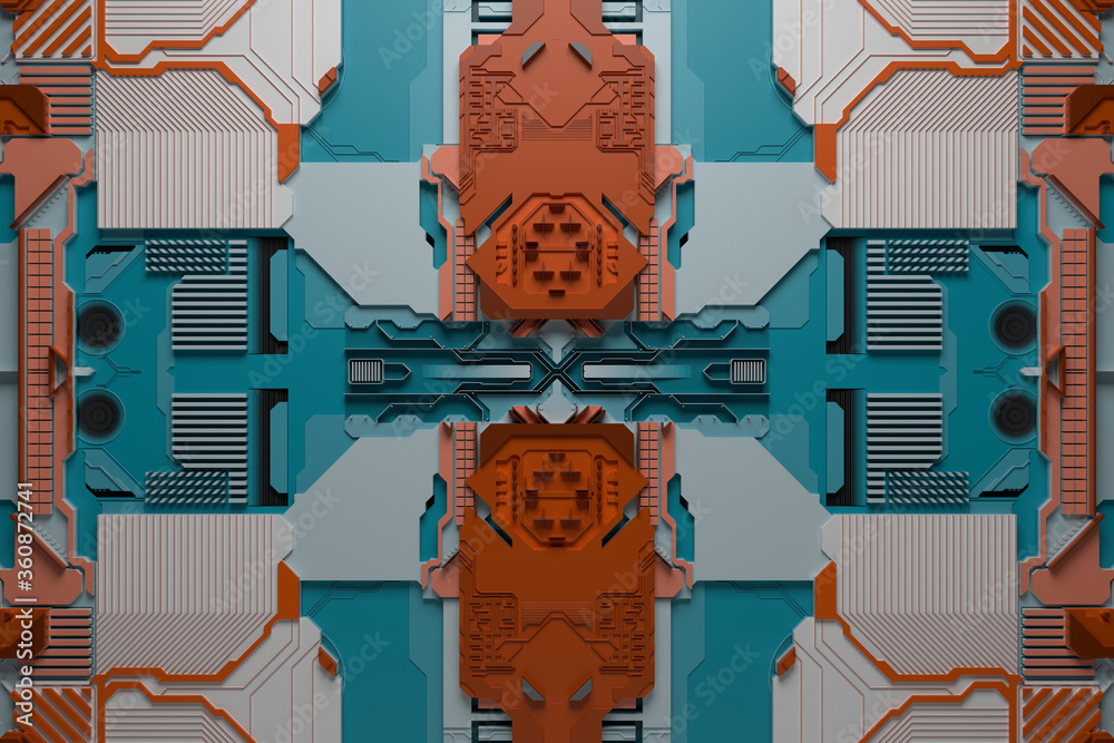 Poster 3d render of technology background with complex structure and details.