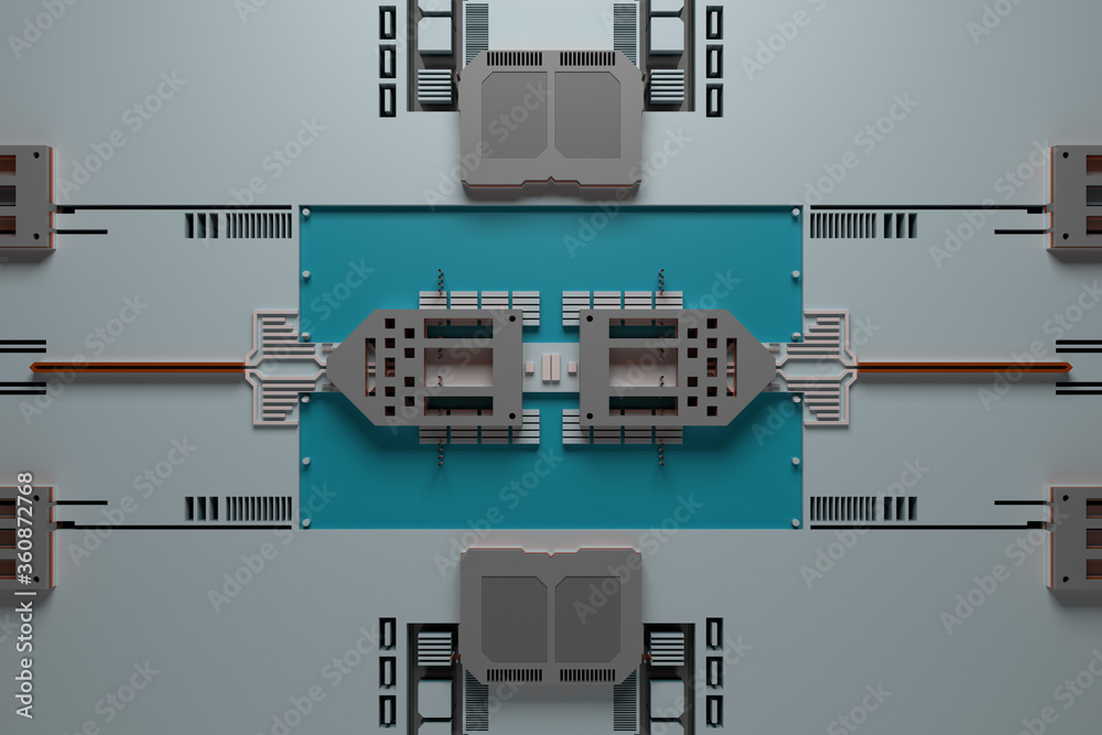 Poster 3d render of technology background with complex structure and details.