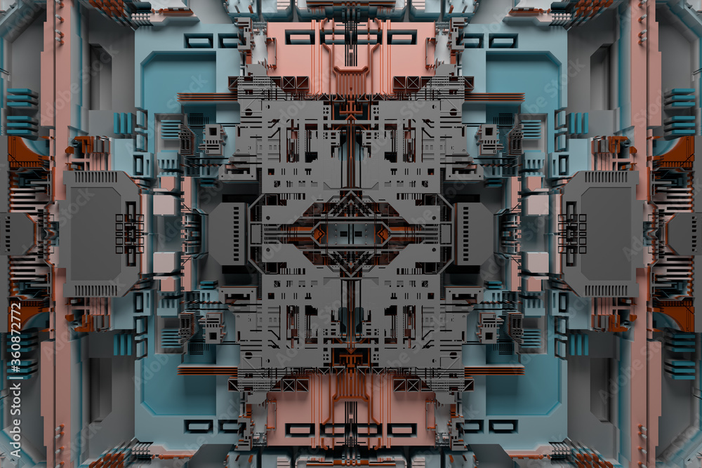 Poster 3d render of technology background with complex structure and details.