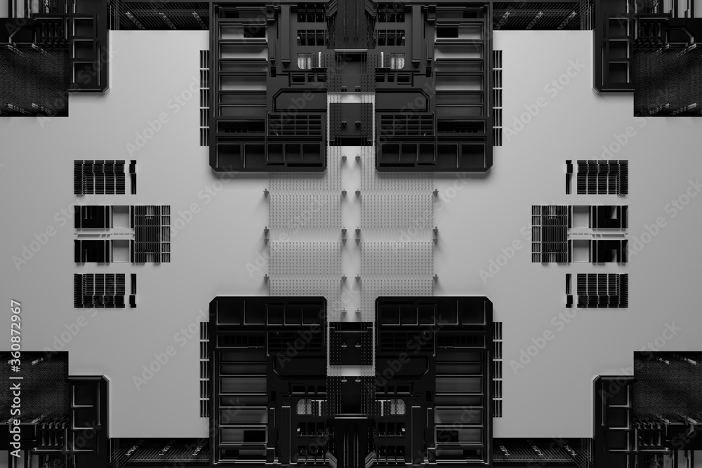 Poster 3d render of technology background with complex structure and details.