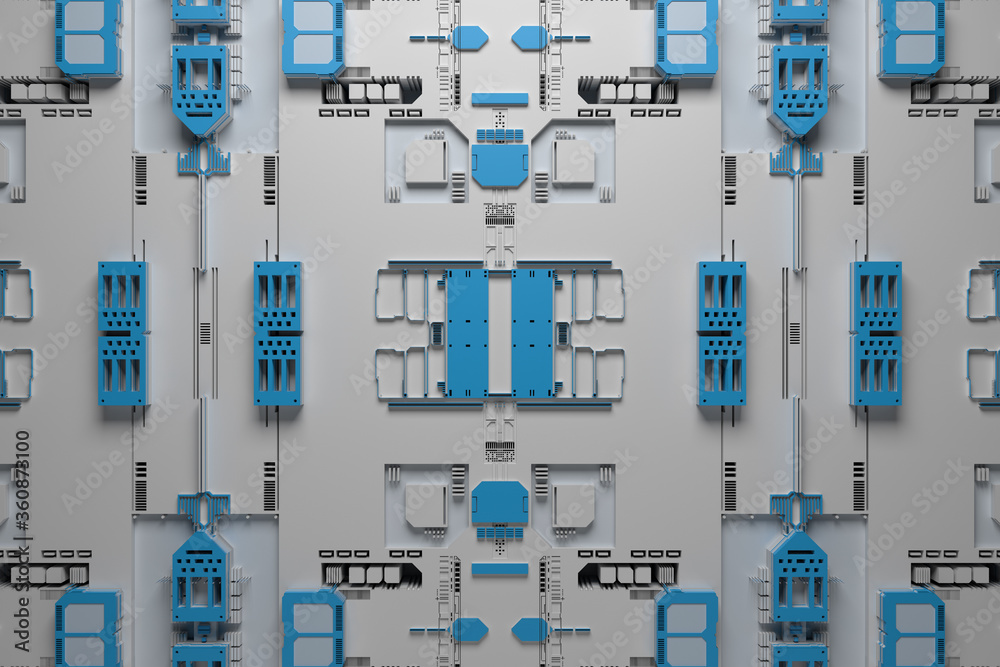 Poster 3d render of technology background with complex structure and details.
