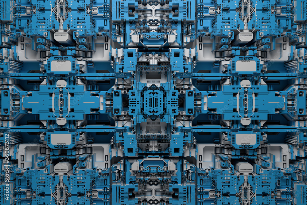 Poster 3d render of technology background with complex structure and details.