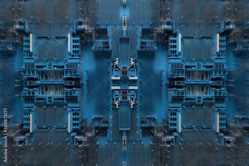 Poster 3d render of technology background with complex structure and details.