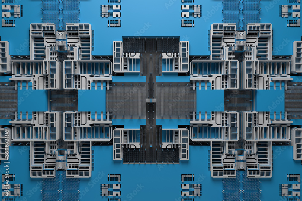 Poster 3d render of technology background with complex structure and details.
