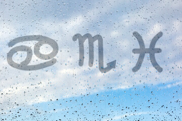 Water signs of the zodiac. Three astrological symbols - cancer, scorpion and pisces. Drawing a...