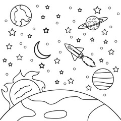 Exercise book sheet with space streaks, symbols and design elements: planets, stars, rockets. Cartoon background. Vector illustration of a hand drawn.