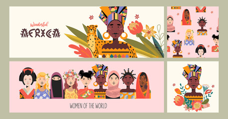 A set of female portraits of women of different Nations. Seamless pattern. Vector illustration.