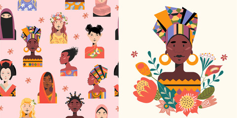 Women of the world. Women of different nationalities. Seamless pattern. Vector illustration.