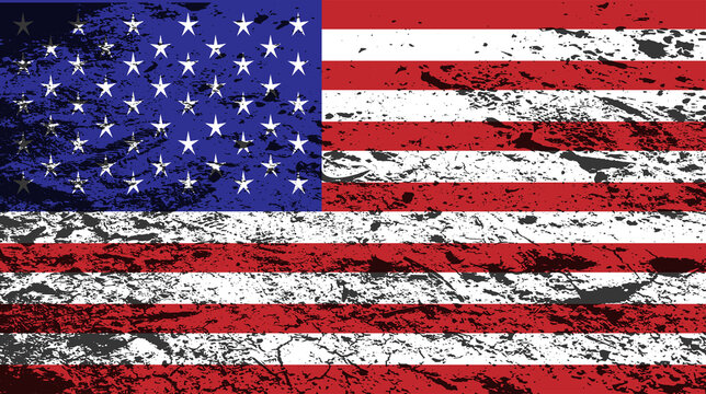 American flag, USA, black and white grunge background. 