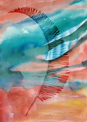 Watercolor abstract background with tropical leaf. Suitable for wall art gallery, background etc. Coconaut palm leaf.