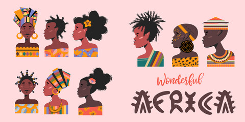 Women and man are Africans. Set of portraits of Africans. Vector illustration..