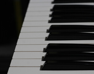 Keyboard synthesizer, piano. Black and white keys close up. Background. Texture. Substrate.