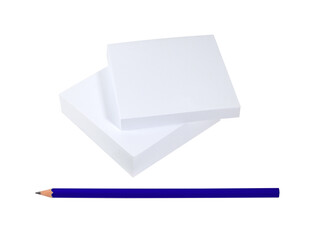 Block of memo papers with blue pencil isolated