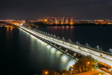 Night Voronezh. Northern bridge over Voronezh river, aerial view