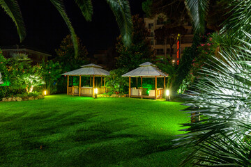The deserted patio and garden at the hotel in Lido di Camaiore. Italy
