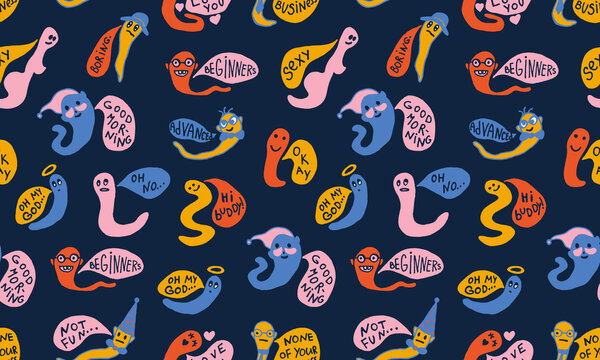 Funny worms with speech bubbles. Seamless pattern. Hand drawn vector character illustration. Colorful doodle drawing